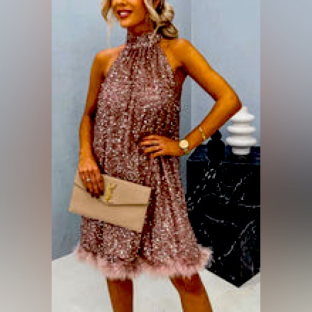 Pink fun dress with fur on bottom of it — cute brand new